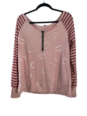 Flamingo Pink Heart Print Zip Front Top with Striped Sleeves Size L